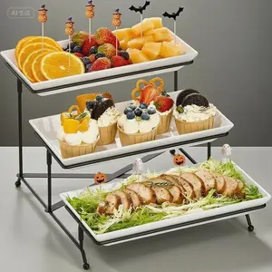 "3-Tier Collapsible Serving Stand, Sturdy Reusable Party Tray for Veggies Fruits Desserts, Stable Cross Bars Durable Platters, Space-Saving Foldable Design for Entertaining, Versatile Serving Solution for Events"