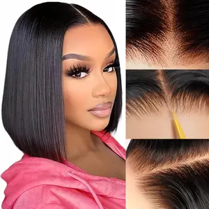 Ramiss hair Bob 13x4 HD Lace Front Lace front human hair Silky Straight Wig Natural Black Deep Part Lace Glueless Human Hair Pre Plucked with Natural Hairline