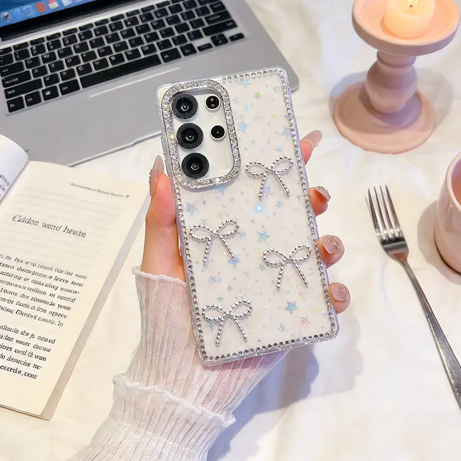 For Samsung A17 A07 A37 A57 S24 S25 FE S26 Plus S23 Ultra A16 A26 A36 A56 A15 A35 A55 5G Cute Luxury 3D Bowknow Glitter Rhinestone Cellphone Protector Case Bling Cover