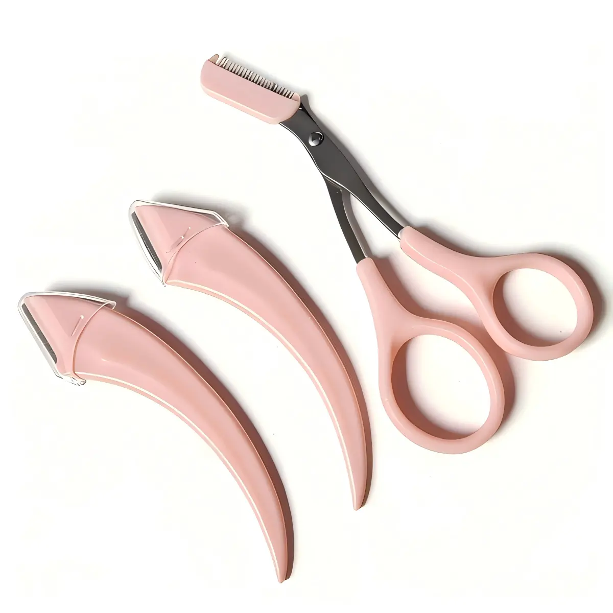 Salon-Approved Eyebrow Trimmer & Hair Removal Kit - 2 Pink Curved Razors, Stainless Steel Blade Scissors, Metal Tools, Beginner-Friendly, Precise Brow Trim, Quick Fix, Portable, Free Epilator Samples, No Extra Accessories Needed