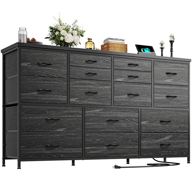 Raybee Furniture Dresser with 16 Drawers, Multifunctional TV Stand & Charging Station, 51.1" Long, 34.8" Height, 3 Power Outlet & 2 USB Ports