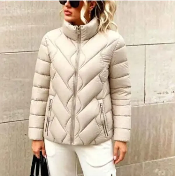 100% polyester women’s stand collar quilted cotton jacket with zipper closure, minimalist wavy quilting, lightweight warm winter outerwear with drawstring decoration and pockets