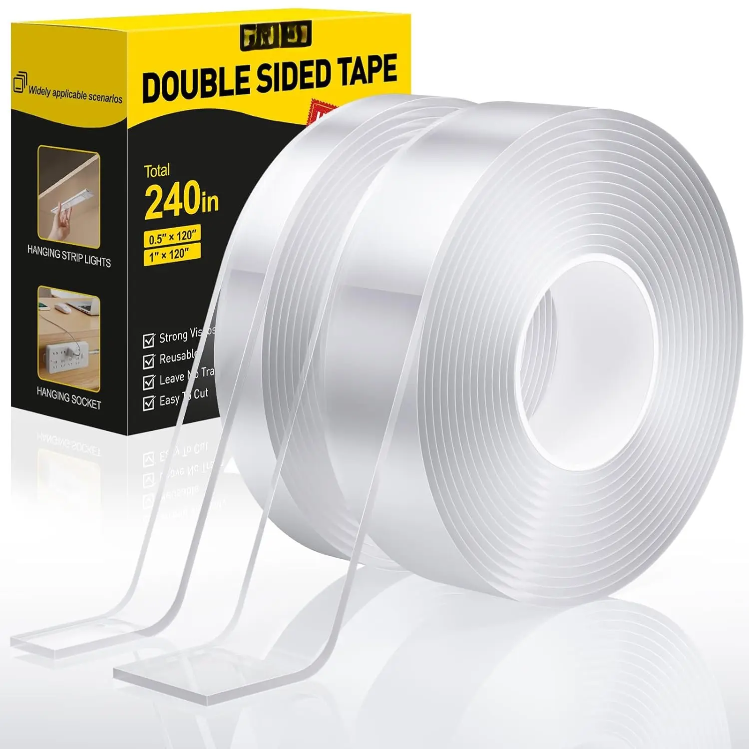 Double Sided Tape Heavy Duty(2 Rolls, Total 20 FT), Removable Two Sided Nano Tape, Double Sided Tape for Walls,  for Carpet, Poster, Picture Hanging, Outdoor Multifunctional Mounting Tape (2)