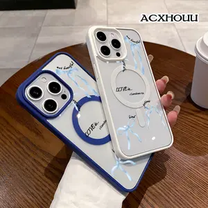 Blue Bows and 1 Corinthians 13 4 Pattern Magnetic Phone Case for iPhone 17 16 15 14 Pro Max 13 12 11 XR XS Plus Anti-Yellowing Shockproof Lightweight Transparent Acrylic Soft Cover Supports Wireless Charging