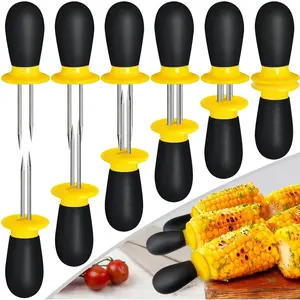 Stainless Steel Corn on the Cob Holders - 12 Pcs/6 Pairs, Skewers for BBQ, Camping, Home Cooking, Yellow-Black