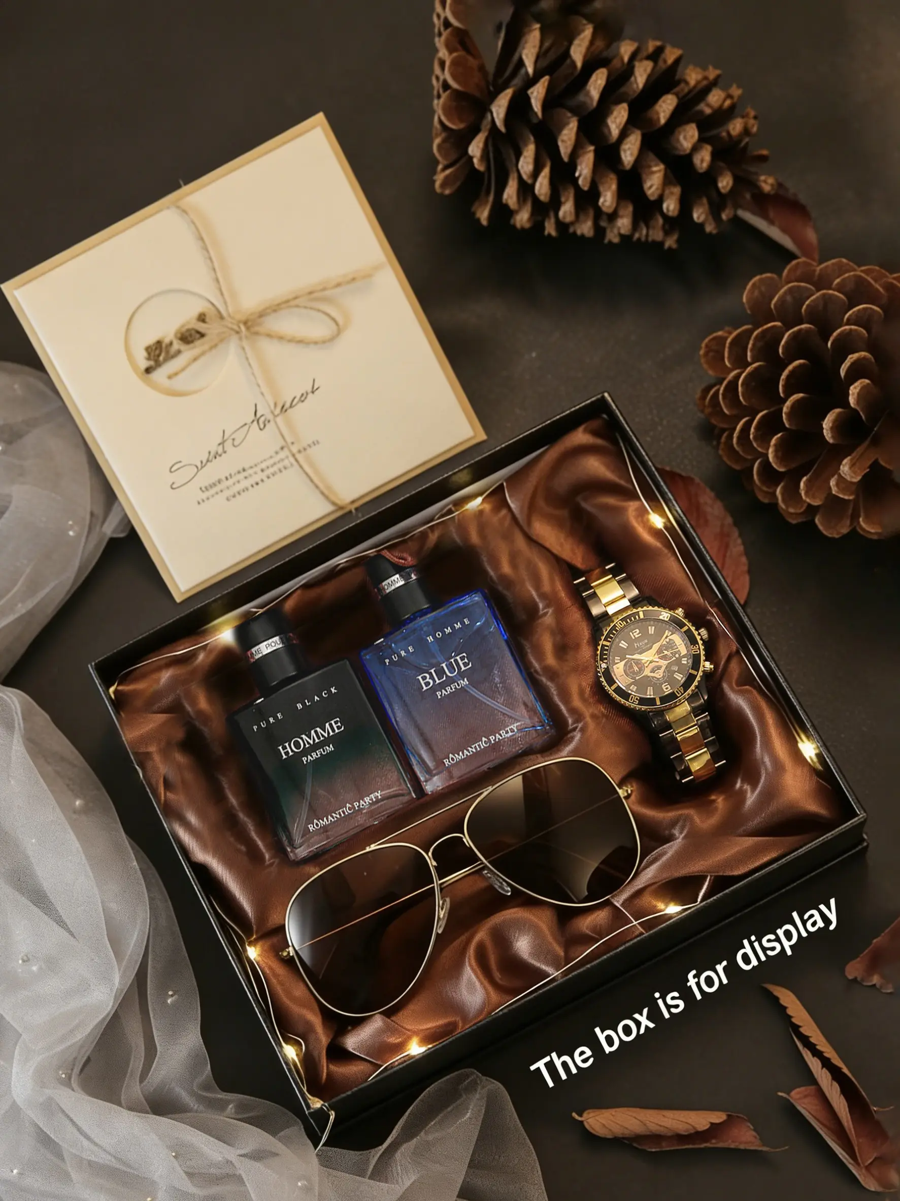 Luxury Men's Watch Set, Stainless Steel Quartz Watch + Perfume + Glasses, Perfect Gift for Birthday & Valentine's Day, Includes Card & LED Light