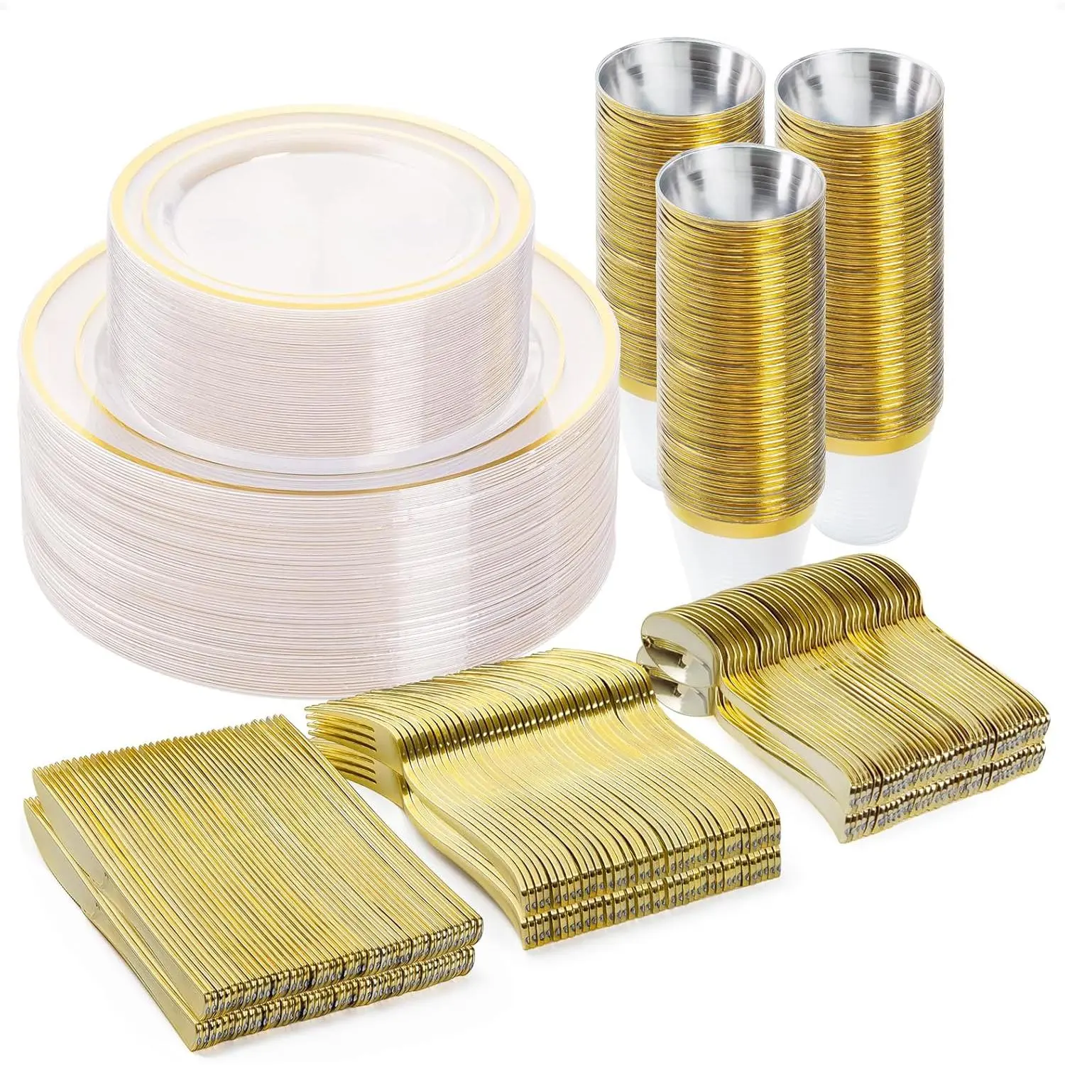 Golden 600PCS BPA-Free Heavy-Duty Disposable Dinnerware Set for 100 Guests, Gold-Trimmed Plates, Plastic Cups, Disposable Spoons, Forks, Knives for Wedding & Business Large Event Supplies, Disposable Plates