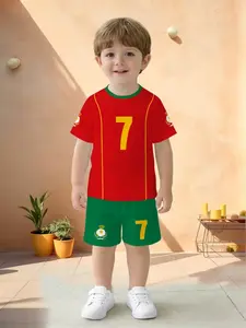 Boys' Portugal 7 Ronaldo Soccer Set, Soccer Jersey, Short Sleeve Shorts Two-Piece Set, Casual Asymmetrical Design, Fitted H-Type Silhouette
