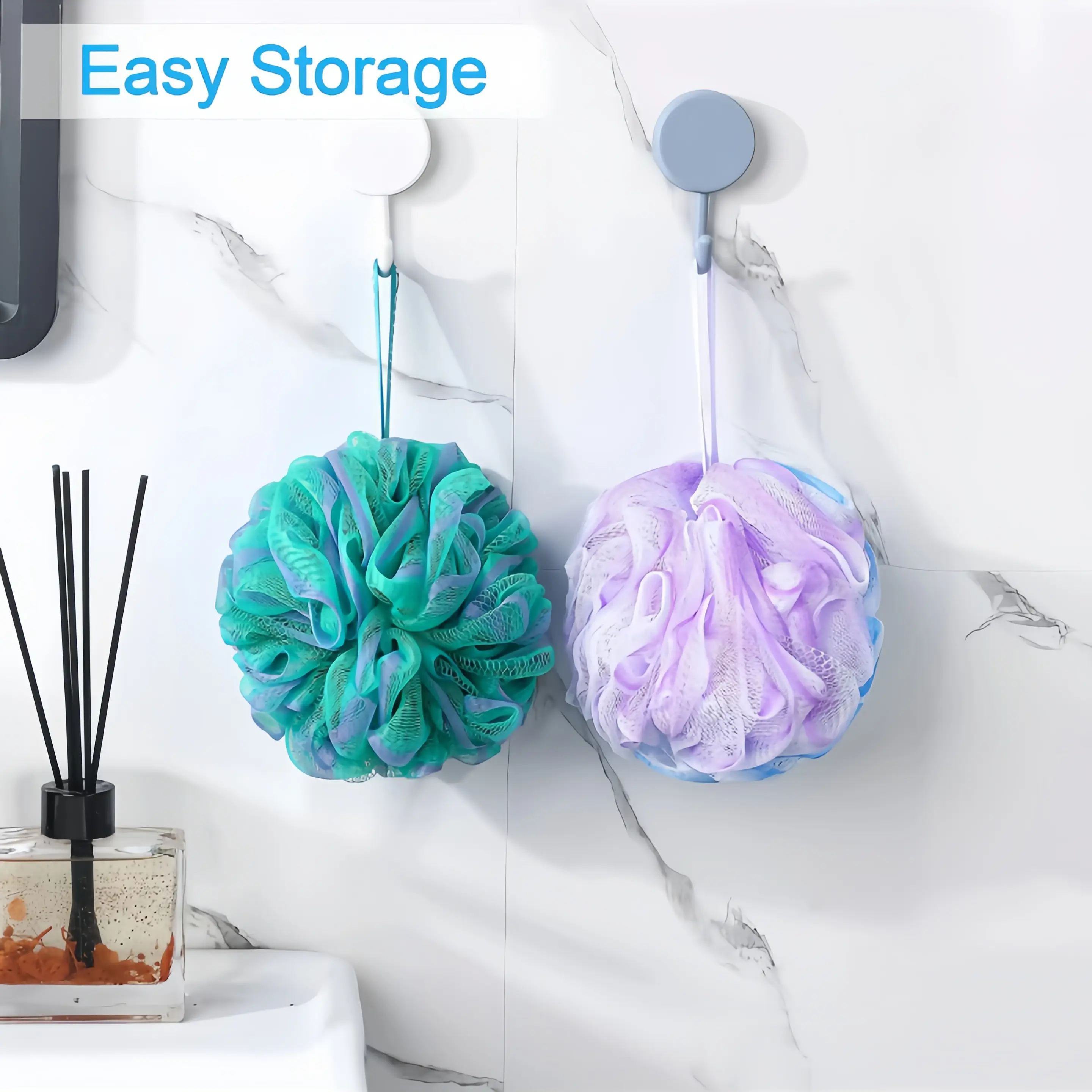 Fluffy Hanging Cucumber Mesh Shower Scrubber - 60g/Piece, Medium Porous Soft Net Exfoliation Sponge Loofah Pouf, Blue-Purple & Blue-Green, Personal Bath Body Care Accessory, Instant Refund, Free Returns