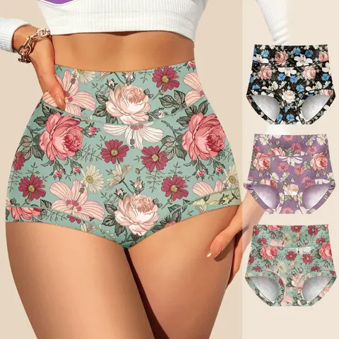3-Pack MEIYATING Plus-Size Women's High-Waisted Briefs, Tummy-Control Floral Underwear, Comfortable Fit, High Waisted Panty