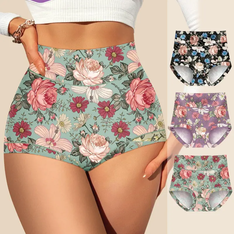 3-Pack MEIYATING Plus-Size Women's High-Waisted Briefs, Tummy-Control Floral Underwear, Comfortable Fit, High Waisted Panty