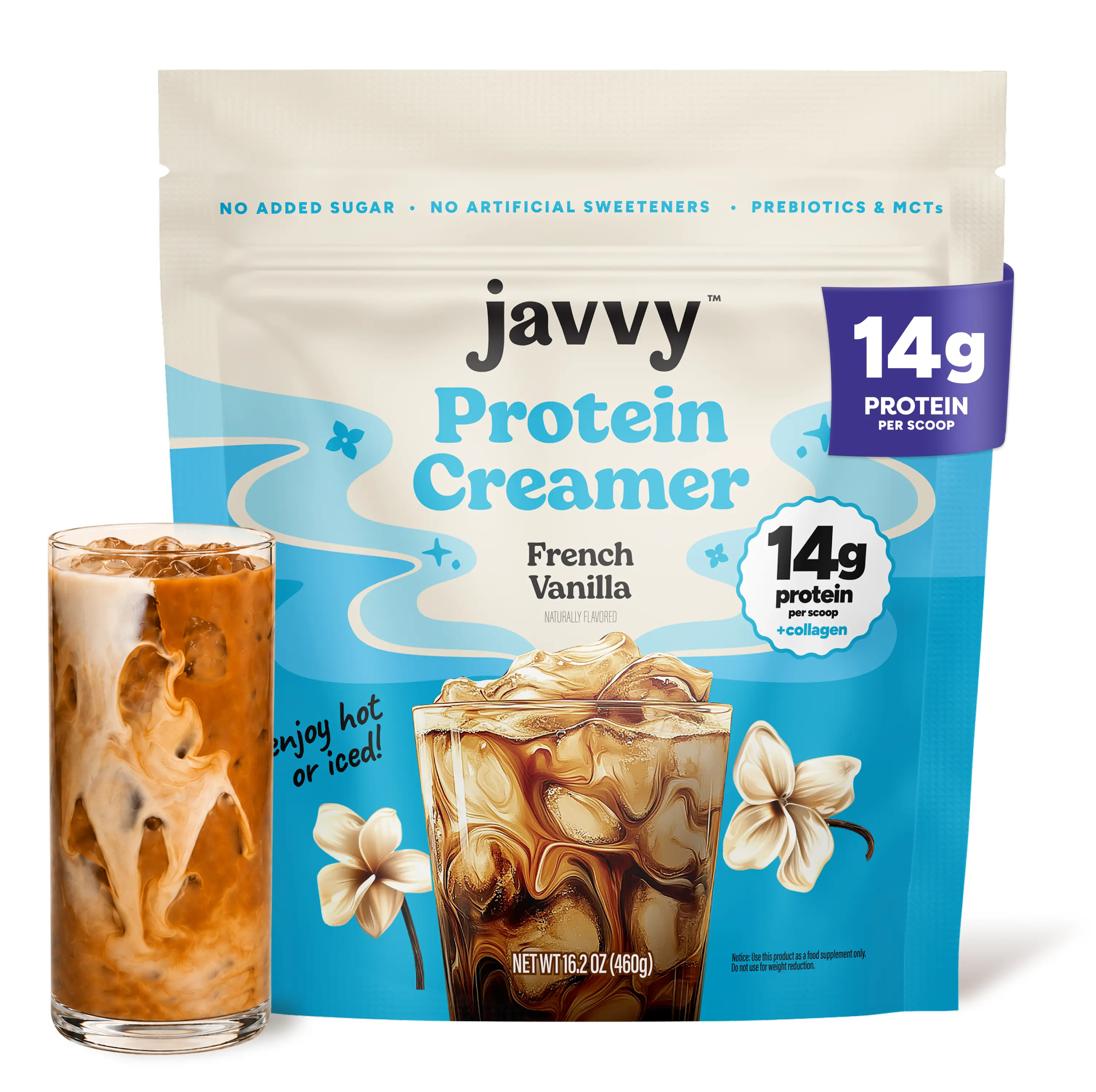 Javvy French Vanilla Collagen Protein Creamer - Grass Fed Pasture Raised Collagen - Hair, Skin & Nail Support, Energy-Boosting MCTs, Keto Friendly, Lactose Free & Gluten Free, No Added Sugar, 14g of Protein