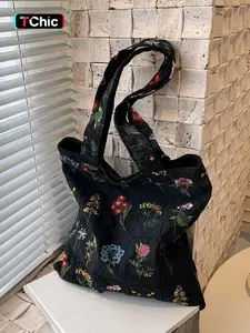 Women's Floral Pattern Embroidered Tote Bag, Fashionable Summer 2024 Large Capacity Shoulder Bag for Teen Girls, Women, Casual Tote Bag