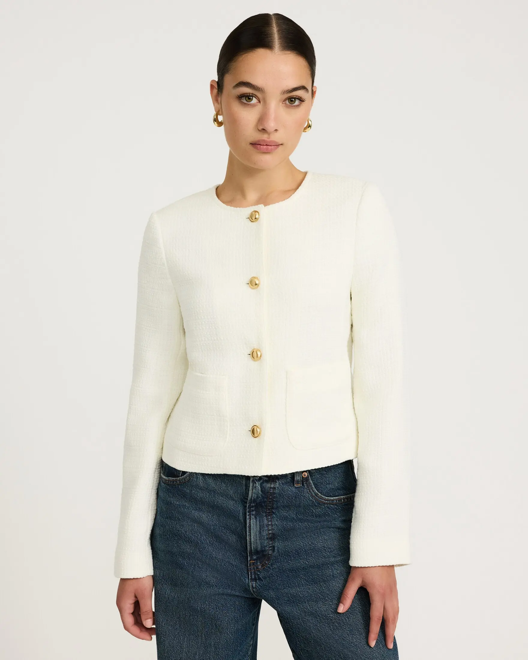 Express Tweed Crew Neck Novelty Button Lady Jacket Express Tweed Crew Neck Novelty Button Lady Jacket