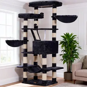 Tree, 68 inch Multi-Level  Tower for Indoor Cats, 2 Widened Plush Perches  Condo with  Board and Big Caves, Smoky Gray HCT025G
