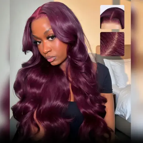 Megalook Women's 13x6 Deep Part Full 3-Go Dark Plum Glueless 100% Human Hair Lace Front Wig, 30-Inch Body Wave Wig with Drawstring & Easy-Remove Design