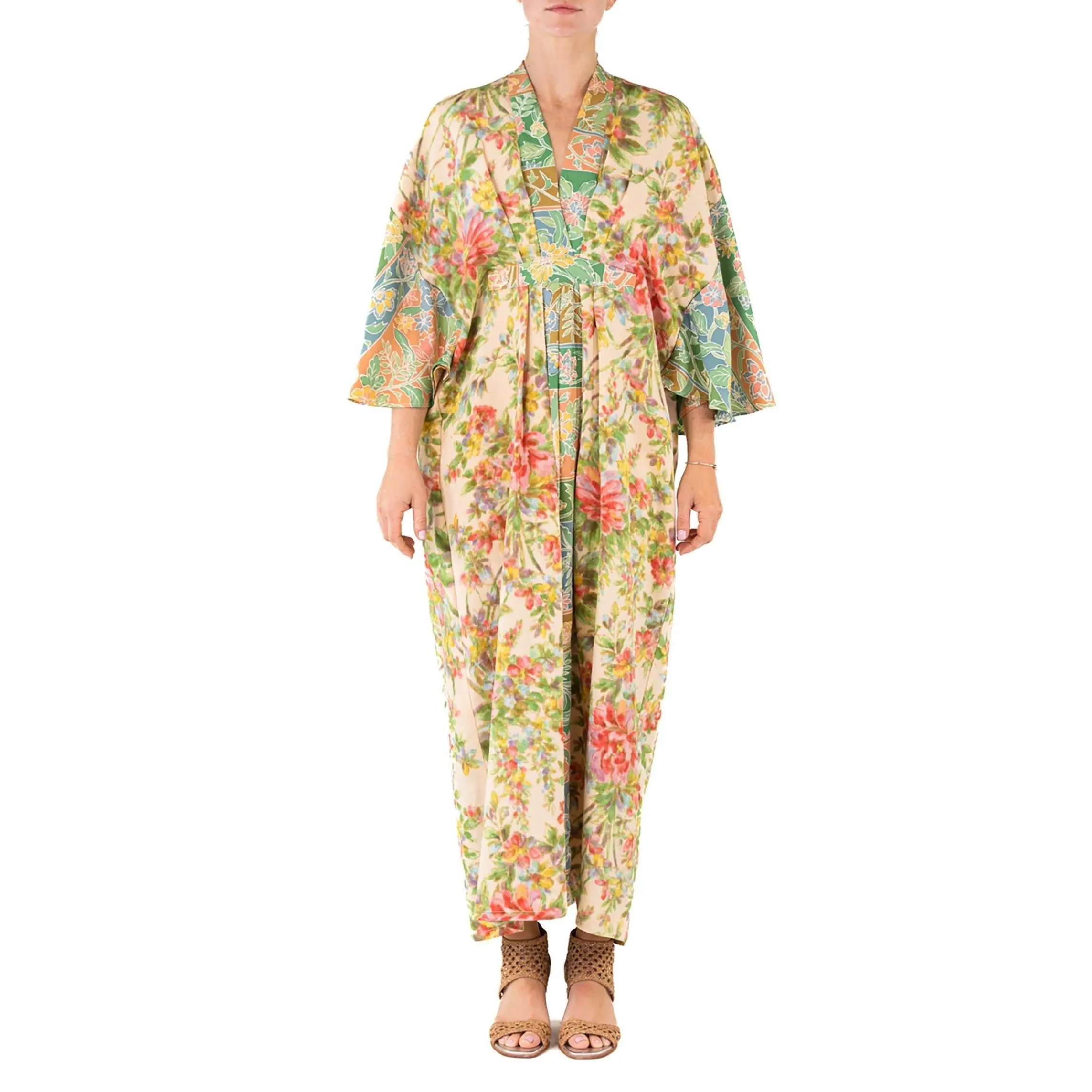 MORPHEW COLLECTION Cream Floral Print Japanese Kimono Silk Kaftan