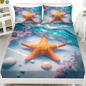 Bed Sheet Set - 3PCS 2D Flat Printing Starfish and Seashell Pattern Mattress Protector Set in Ten Sizes (1*Fitted Sheet + 2*Pillowcases, no filling), Stylish, Soft and Comfortable Bedding Set, Suitable for Home Bedrooms and Guest Rooms