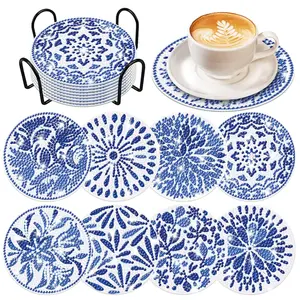8PCS Diamond Art Coasters Blue Watercolor Diamond Painting Coasters Kits with Holder Indigo Blue DIY Diamond Art Coasters, Diamond Art Crafts Supplies for Beginners Adults