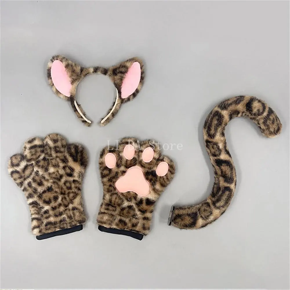 Anime Cute Leopard Ears Headband with Paws & Tail Set, Furry Animal Costume Prop for Fancy Dress Party & Theme Party