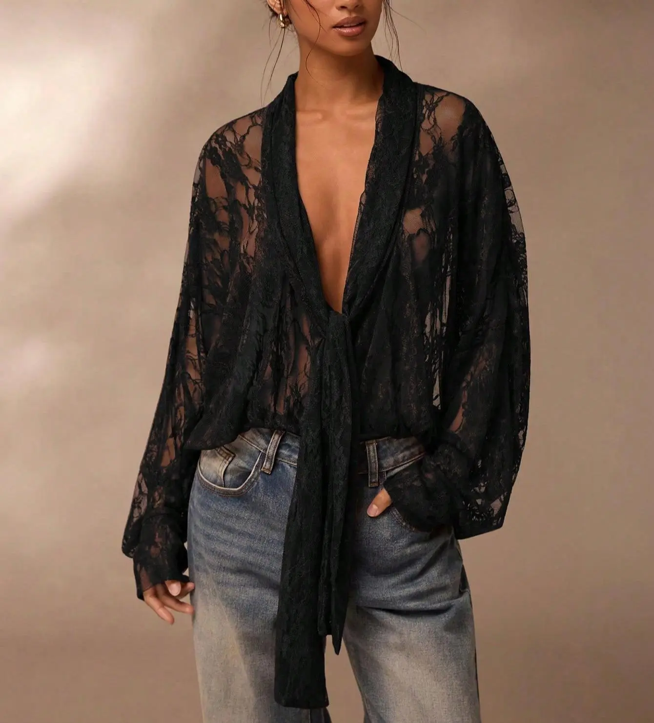 Arssm Women Long Sleeve Lace Tops Lace Sheer Blouse Sexy See Through Mesh Tops Tie Front Blouse Tops