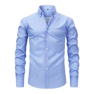 Men's Regular Fit 4-Way Stretch Polyester Fabric Striped Long-Sleeve Dress Shirt - Yo-01, Wrinkle-Resistant, Moisture-Wicking, Button-Down Turn-Down Collar, Digital Print, Umbrella Hem, Business Casual Wear, S-XXXL