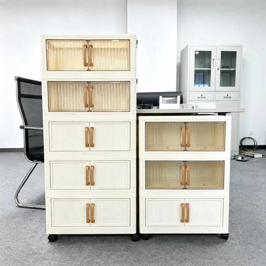 work storage drawer unit, modern stackable storage cabinet with doors and wheels, foldable plastic storage organizer for home office spaces, large-capacity storage cabinet for files and books, mobile Modularization cabinet with transparent door