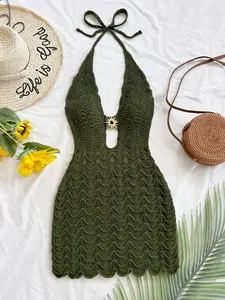 Green Crochet Halter Mini Dress for Women,Summer Sexy Hollow Out Knit Dress with Backless Tie Detail,Trendy Vacation Beach Cover Up 2026,Perfect for Club Party,Brunch,Holiday,Sizes S-XL,Hot Sale #SummerFashion #CrochetDress