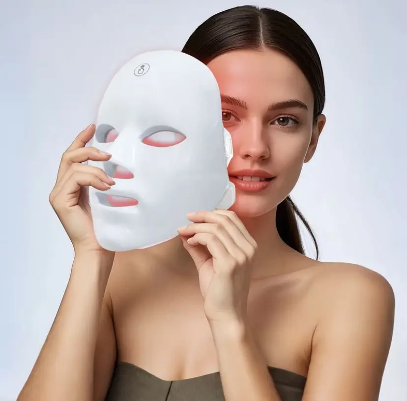 7-Color LED Light Therapy Face & Neck Beauty Device, Lightweight, Rechargeable, Battery-Powered Ergonomic Facial Care Instrument, Portable Travel Single Item, Mother’s Day Gift
