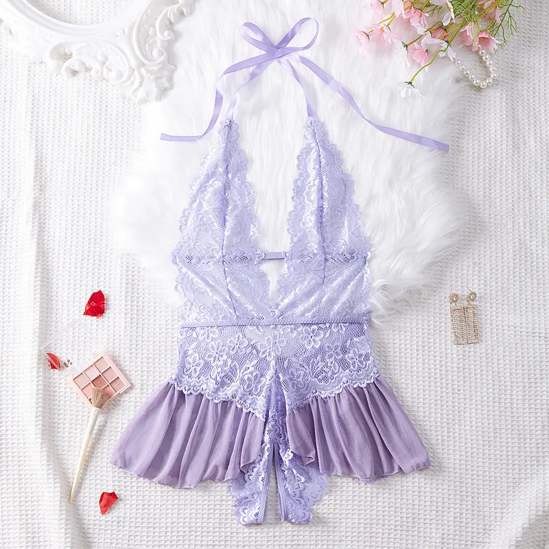 AgeRose Women's Chic Elastic Lace Bodysuit - Halter V-Neck, Dainty High-Elastic Soft Comfy Acrylic Blend Lingerie, Hand Wash, Daily Elegance, Valentine's Day Gift Teddy Lingerie & Bodysuits