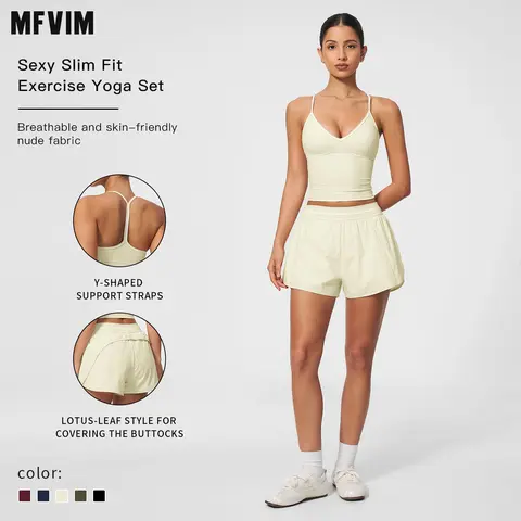 MFVIM Women’s V-Neck Contrast Trim Yoga Set — Long Camisole Top with Y-Back Design and Side Pockets, Quick-Dry Loose Sports Shorts, Two-Piece Fitness Outfit