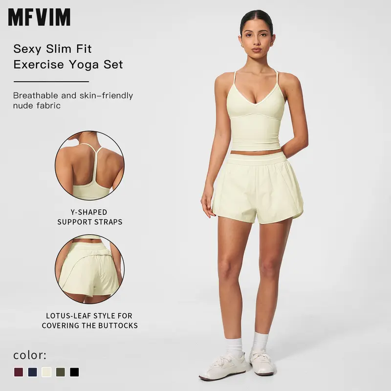MFVIM Women’s V-Neck Contrast Trim Yoga Set — Long Camisole Top with Y-Back Design and Side Pockets, Quick-Dry Loose Sports Shorts, Two-Piece Fitness Outfit