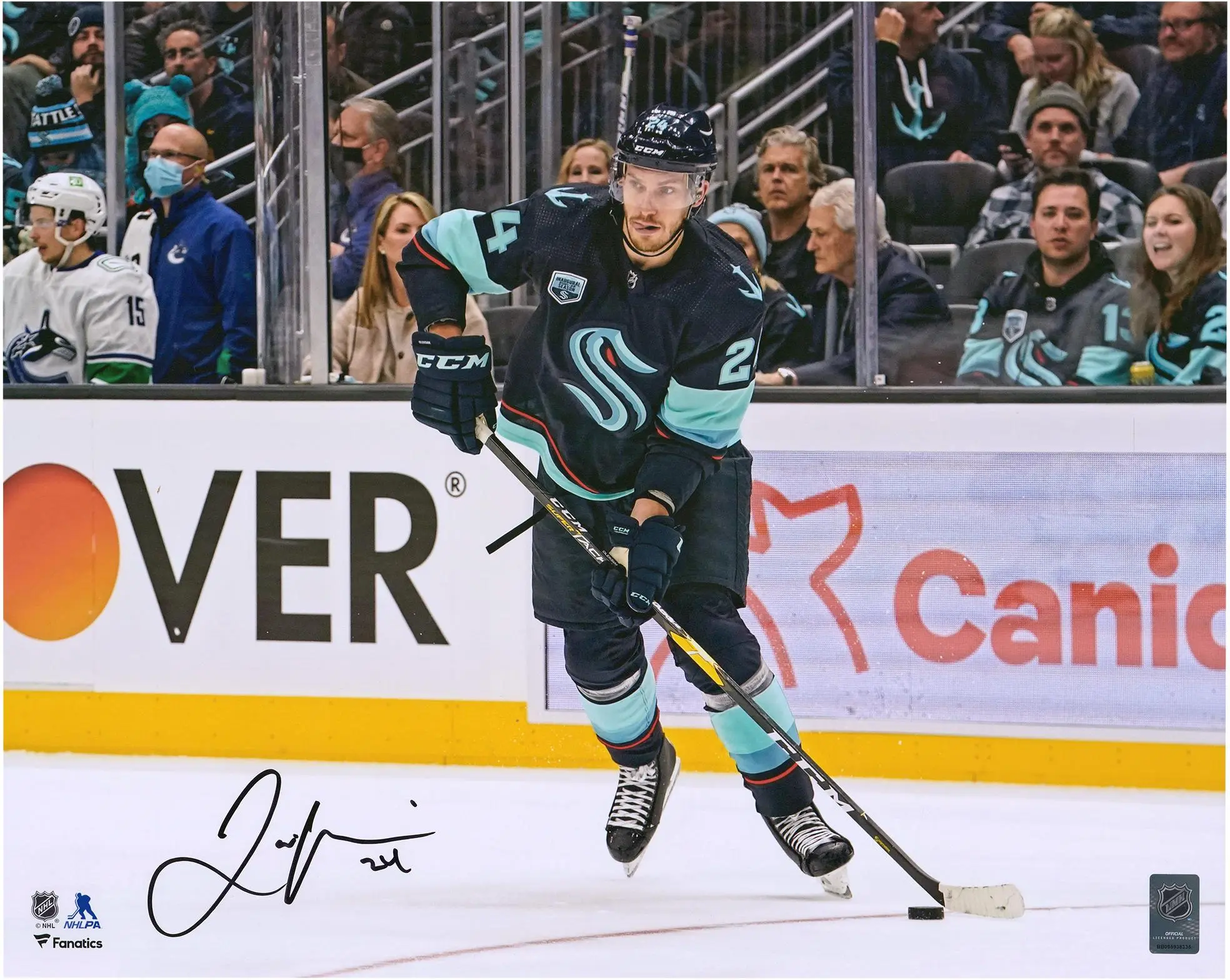 Jamie Oleksiak Seattle Kraken Autographed 16" x 20" Navy Passing Photograph - Fanatics Authentic Certified