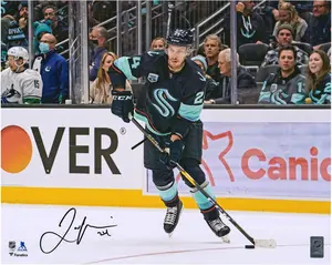 Jamie Oleksiak Seattle Kraken Autographed 16" x 20" Navy Passing Photograph - Fanatics Authentic Certified