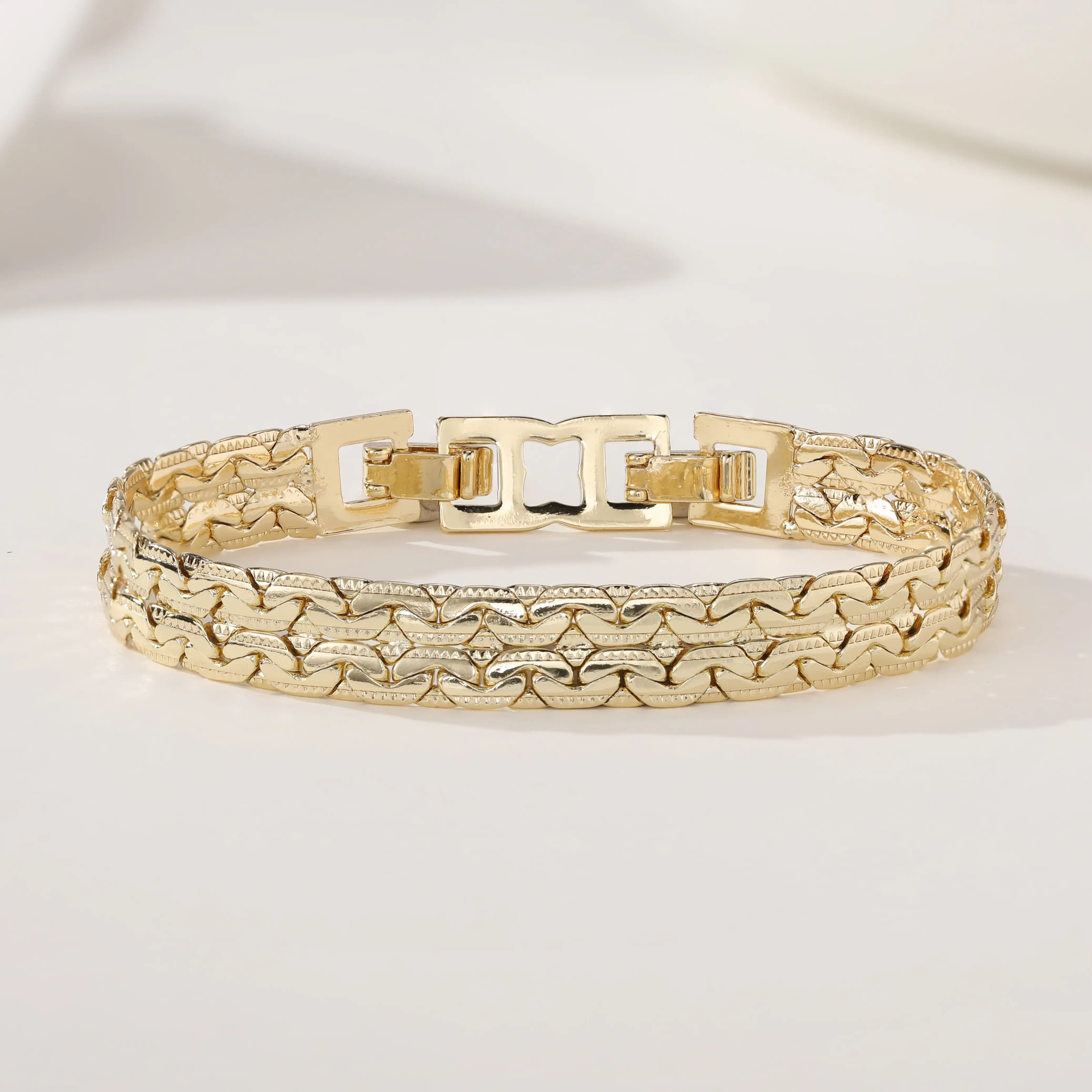 Women's 14K Gold Plated Wide Braided Link Bangle, Vintage Textured Chain Bracelet, Elegant Female Wear Costume Jewelry for Special Events Gifts