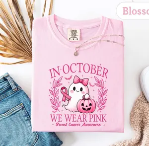 In October We Wear Pink Ghost Sweatshirt, Breast Cancer Awareness Tee, Halloween Ghost Tshirt, Cancer Pink Ribbon Shirt gift