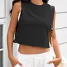 Fisoew Women's Breathable Medium Weight Imported Everyday Cropped Tank Tops - Casual Streetwear, Loose Boxy Fit, Crew Neck, Sleeveless, Denim-Inspired Legging-Friendly Basic Tops for Summer