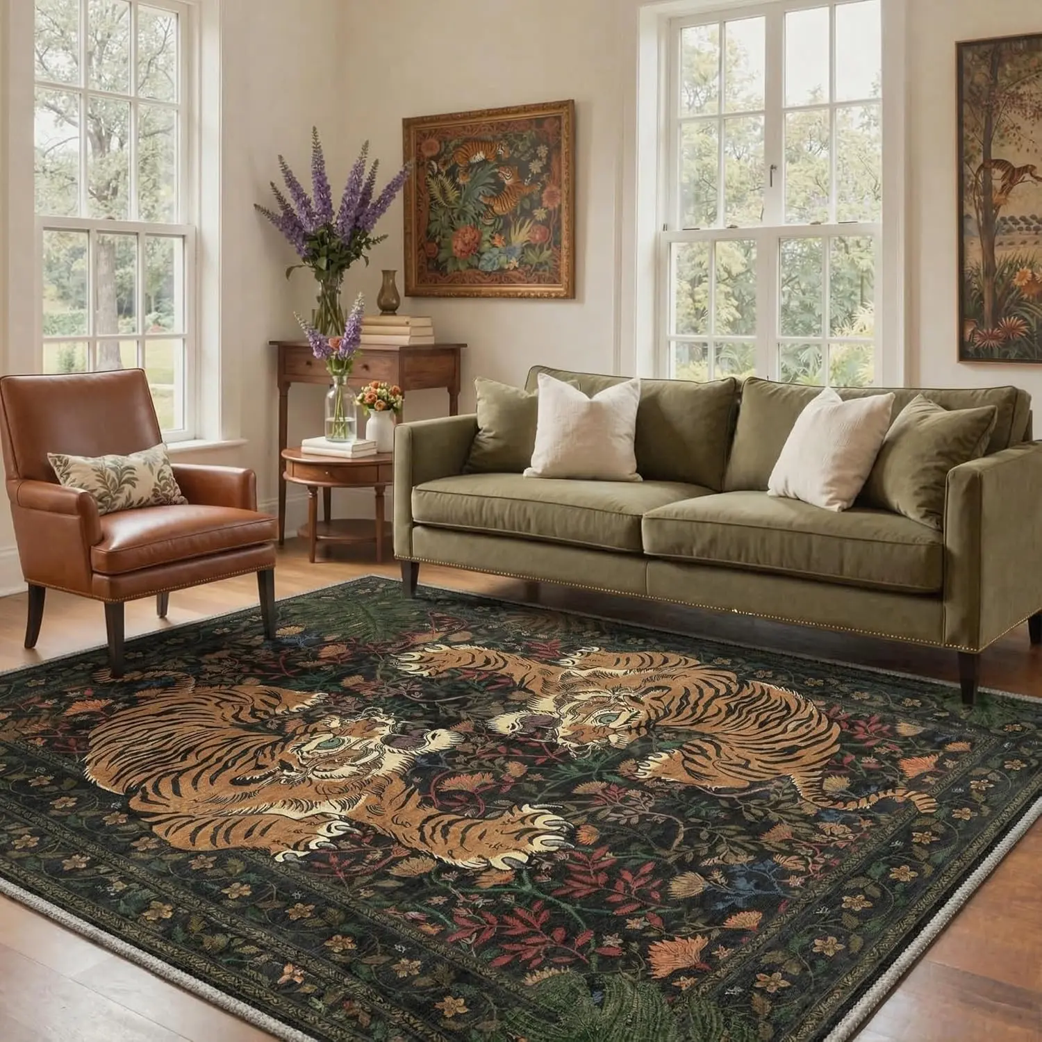 【Back To School】GENIMO Tiger Boho Area Rugs, Vintage Oriental Botanical Living Room Rug, Non Slip Washable Rug Stain Resistant, Low Pile Thin Soft Midnight Green Throw Carpet for Bedroom, Dining Room, Office, Dorm