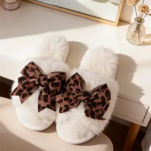 Bow & Animal Print Plush Slippers | Soft Fluffy Home Shoes for Women | Elegant Cozy Design