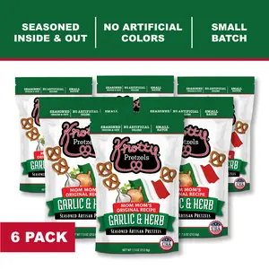 Knotty Pretzels Garlic & Herb 6 PK-  “The Official Pretzel of Beer” 7.5 oz Individual Seasoned Pretzels in Resealable Pretzel Snack Bags, The Perfect Pairing for Beer, (6-Pack)