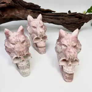 Natural Pink Opal Wolf Head Skull Cool Spooky Crystal Carving Reiki Healing Stone Statue