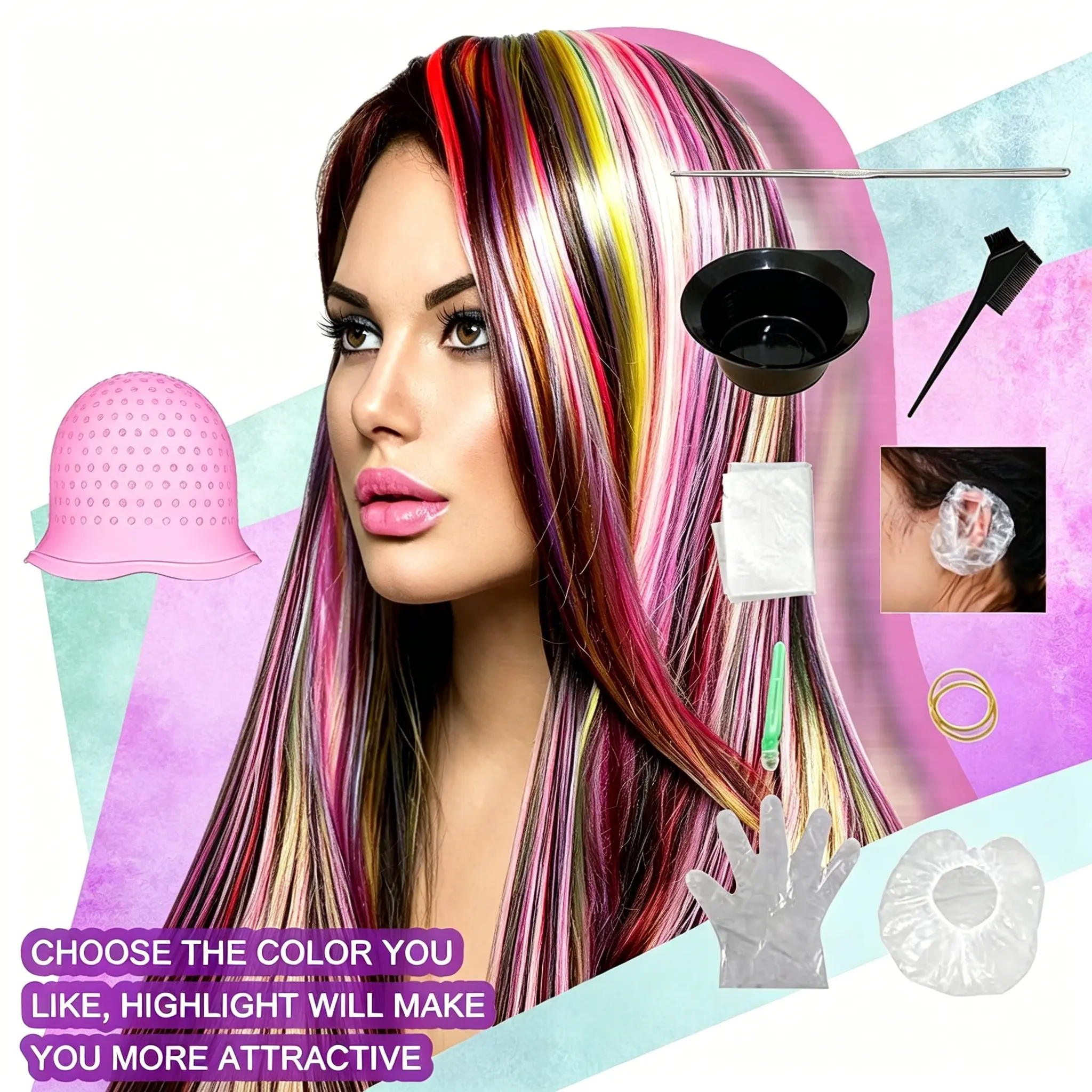 8Pcs Silicone Hair Highlighting Cap, Reusable Pull Type with Hook & Holes, Professional Salon Hair Dye Highlighting Tool Set