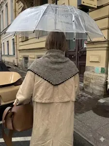 Large Striped Triangle Shape Knitted Shawl for Women, Lightweight Fabric Airy Oversized Shoulder Scarf, Minimalist Design French Style Wrap, No Tassel Versatile Travel Blanket Scarf for Airplane & Office