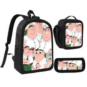 Family Guy Peter Griffin Cartoon Theme Student Backpack Set 3 Pieces Simple Black Design Cartoon Style Backpack Pencil Case Lunch Bag Set
