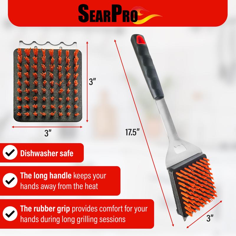 SearPro 4-in1 Grill Brush Spatula BBQ Cleaner Scraper Barbecue Tool Accessories Kit Heat Resistant Nylon Bristle Spatula Outdoor Smoker Black Stone Grate Cast Iron Spatula Non-Wire Brush Combo