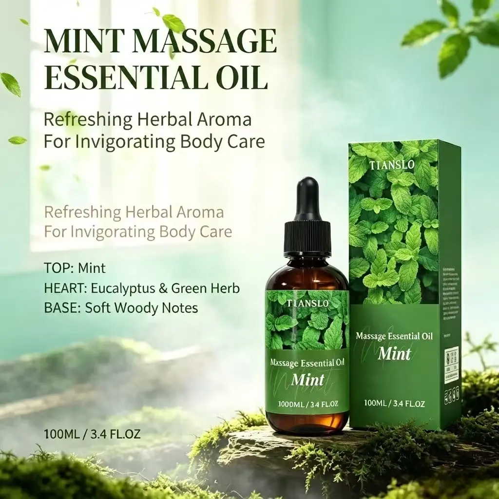TIANSLO Mint Massage Essential Oil (100ml / 3.4 fl oz) - Natural Peppermint Body Care Oil