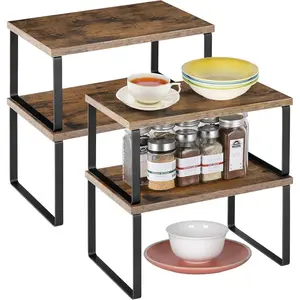 Kitchen Counter Cabinet Shelf Organizer Expandable Stackable Shelves Set of 4 Shelf Risers Small Counter Top Racks for Kitchen Cupboard Pantry, Brown