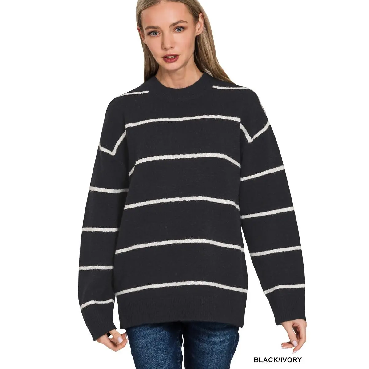 Zenana Round Neck Stripe Sweater