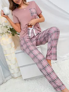 Women's Summer Pajama Set, Short Sleeve Top + Gingham Long Pants, Breathable Comfortable Fit, Casual Fashion for Home Wear, Loungewear