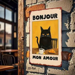 2D Flat, 1pc Vintage French Metal Wall Art - Black Cat Coffee & Bread Tin Sign with Bonjour & Mon Amour Text, Rustic Iron Plaque 20.32x30.48 cm, Parisian Theme Home Cafe Bar Garage Decor, No Electricity Needed, 2D Flat Design, 2D Flat